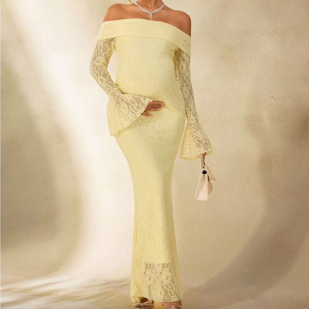 Elegant Off-Shoulder Lace Dress in Yellow